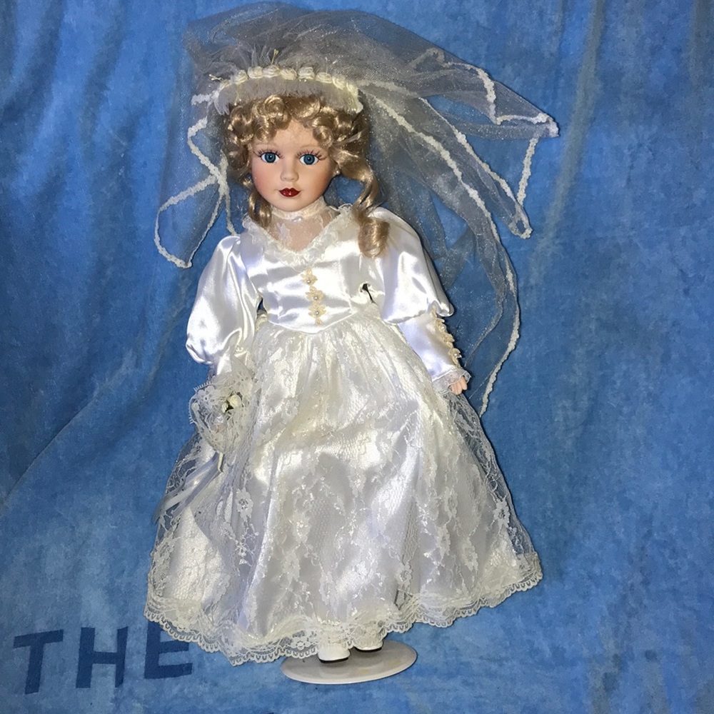 porcelain bride doll 19 inches tall on stand Vintage